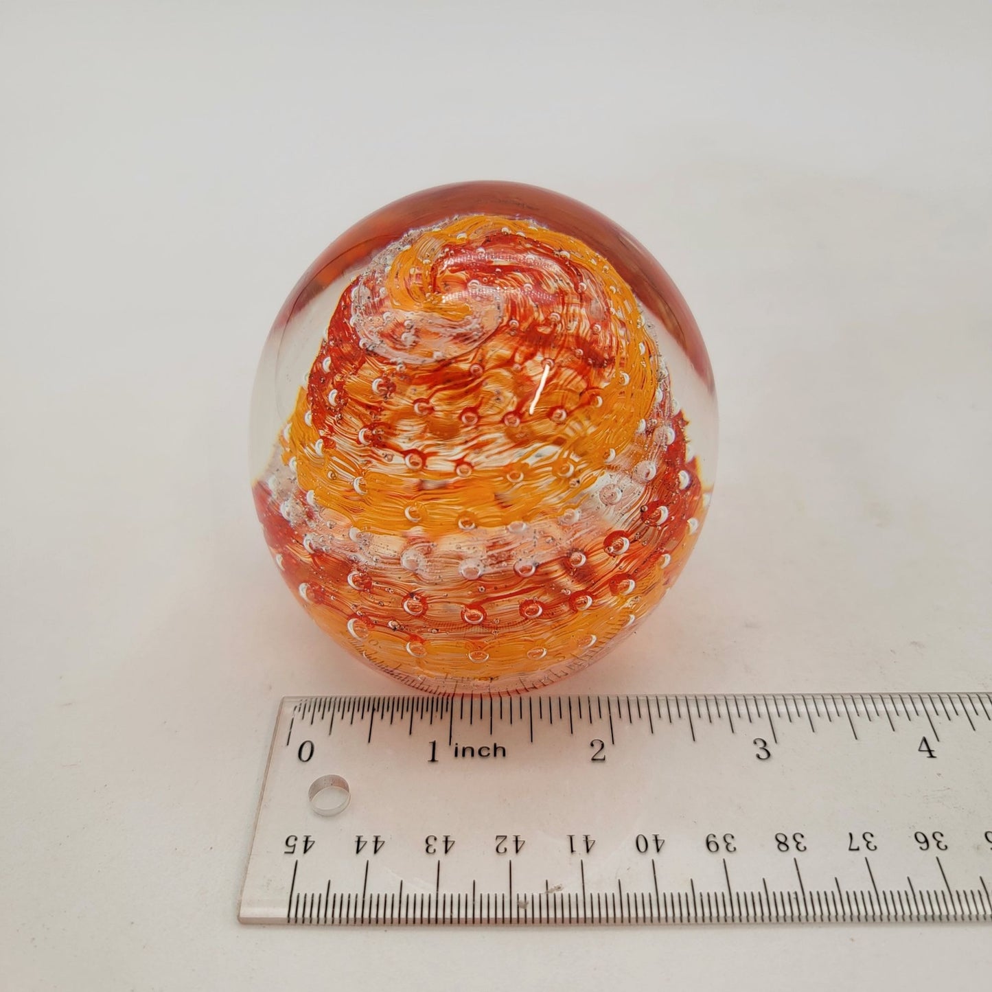 Art Glass Paperweight With Bullicante Controlled Bubbles Orange Red White Swirl