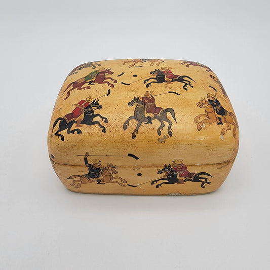 Vintage Kashmir India Paper Mache Trinket Box With Polo Scene