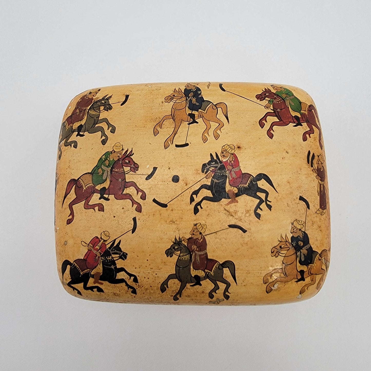 Vintage Kashmir India Paper Mache Trinket Box With Polo Scene