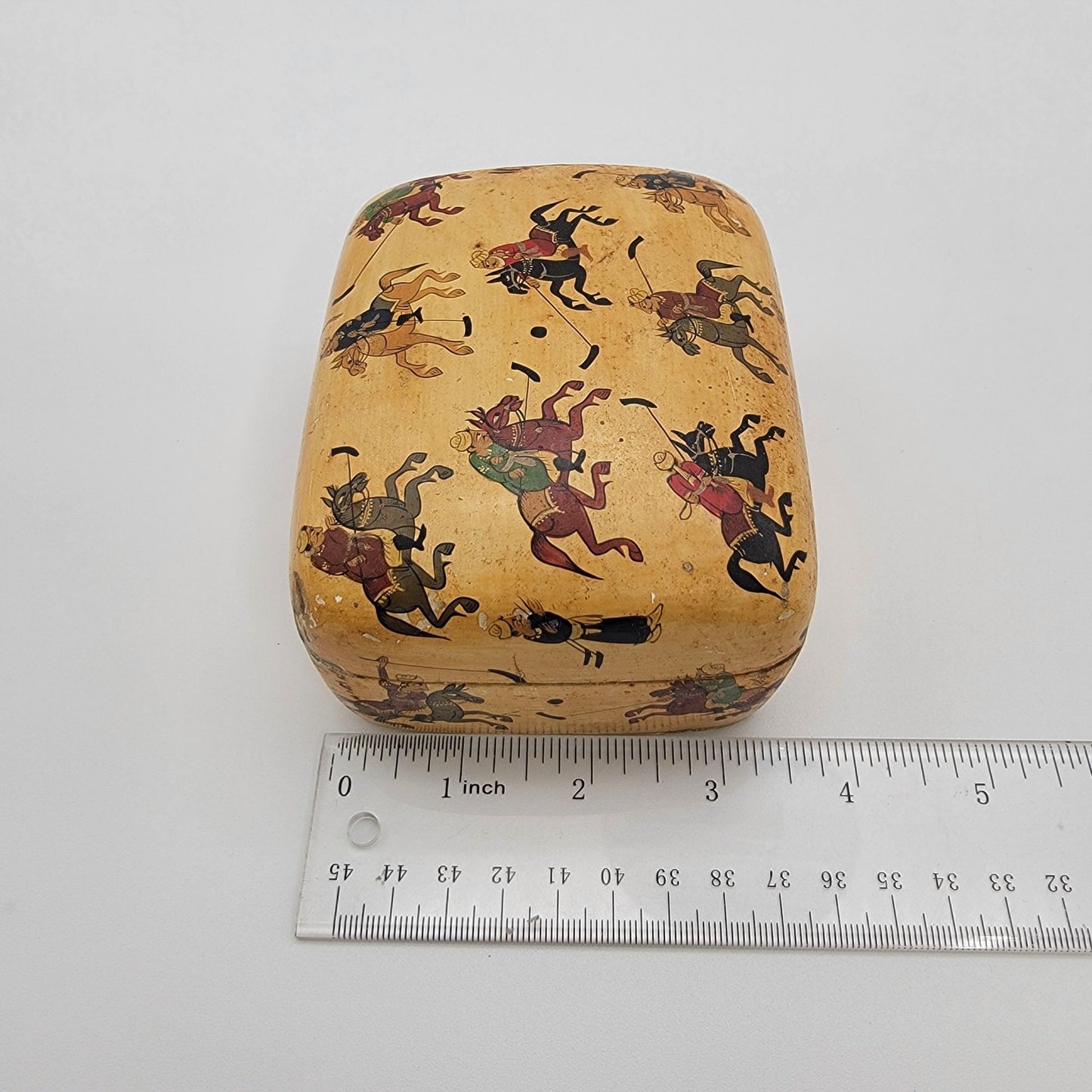 Vintage Kashmir India Paper Mache Trinket Box With Polo Scene