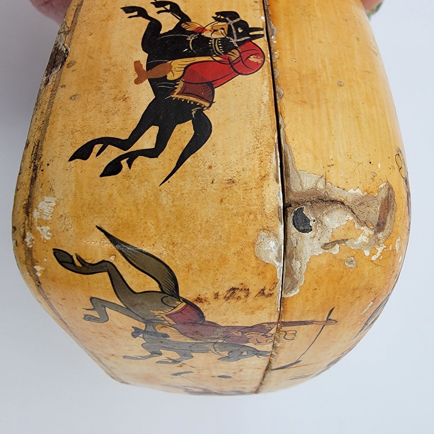 Vintage Kashmir India Paper Mache Trinket Box With Polo Scene