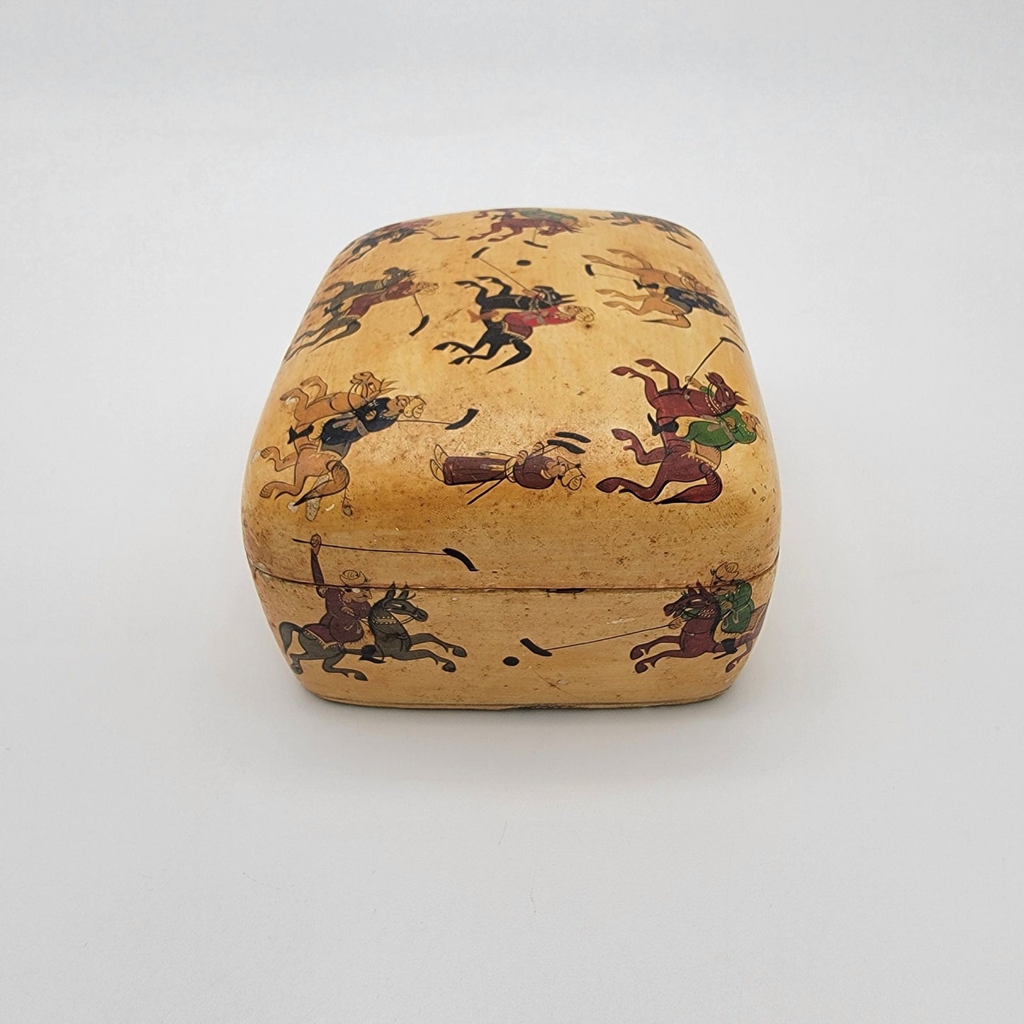 Vintage Kashmir India Paper Mache Trinket Box With Polo Scene