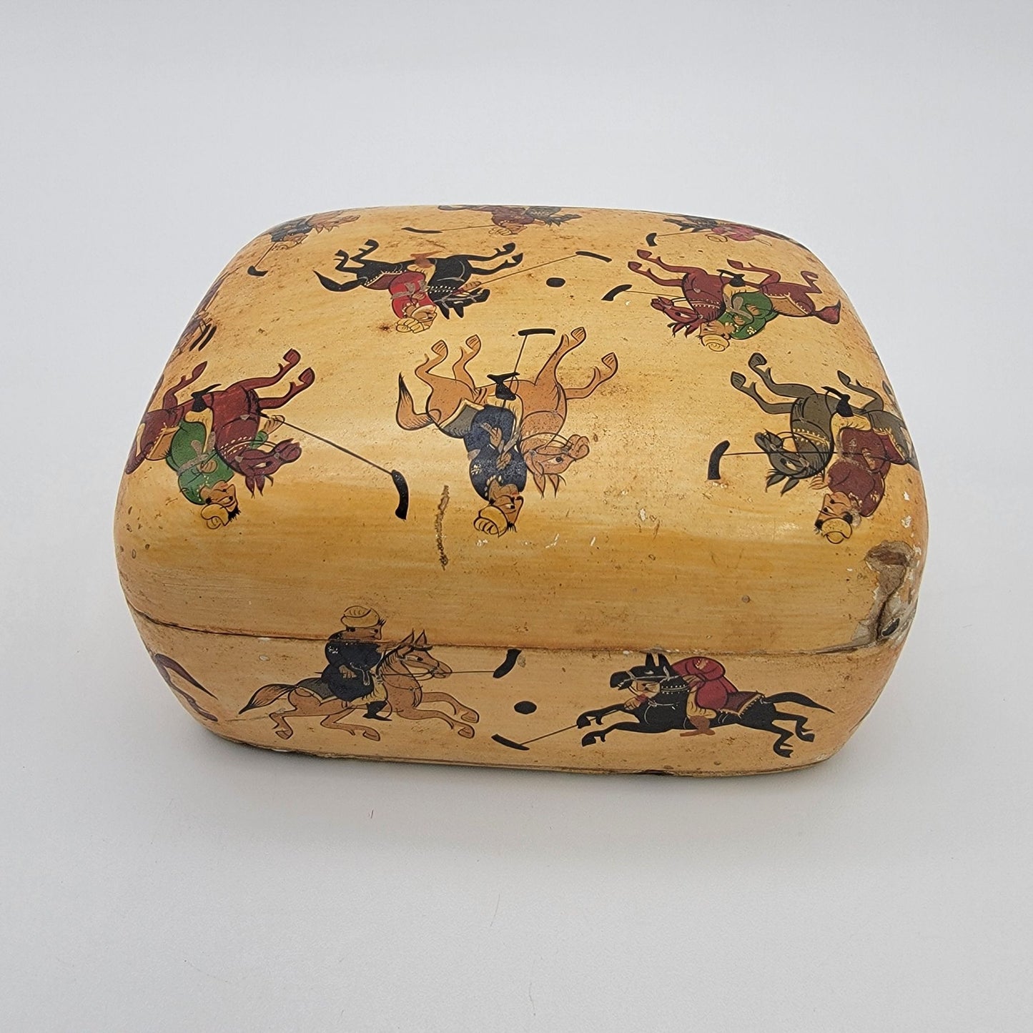 Vintage Kashmir India Paper Mache Trinket Box With Polo Scene