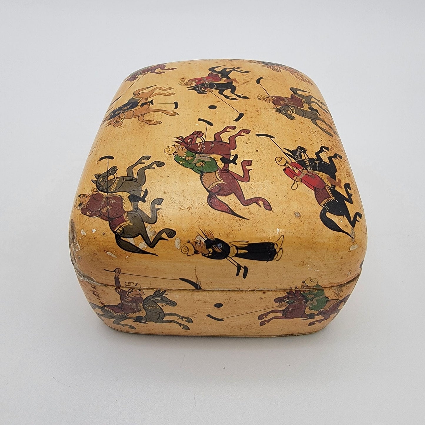 Vintage Kashmir India Paper Mache Trinket Box With Polo Scene