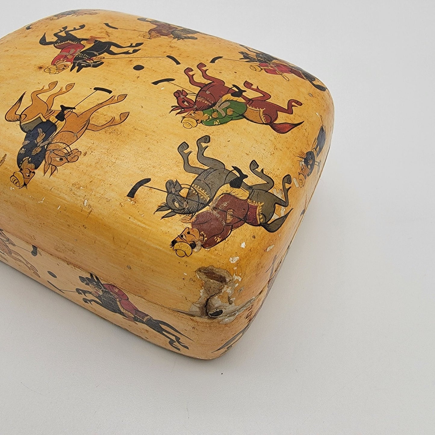 Vintage Kashmir India Paper Mache Trinket Box With Polo Scene