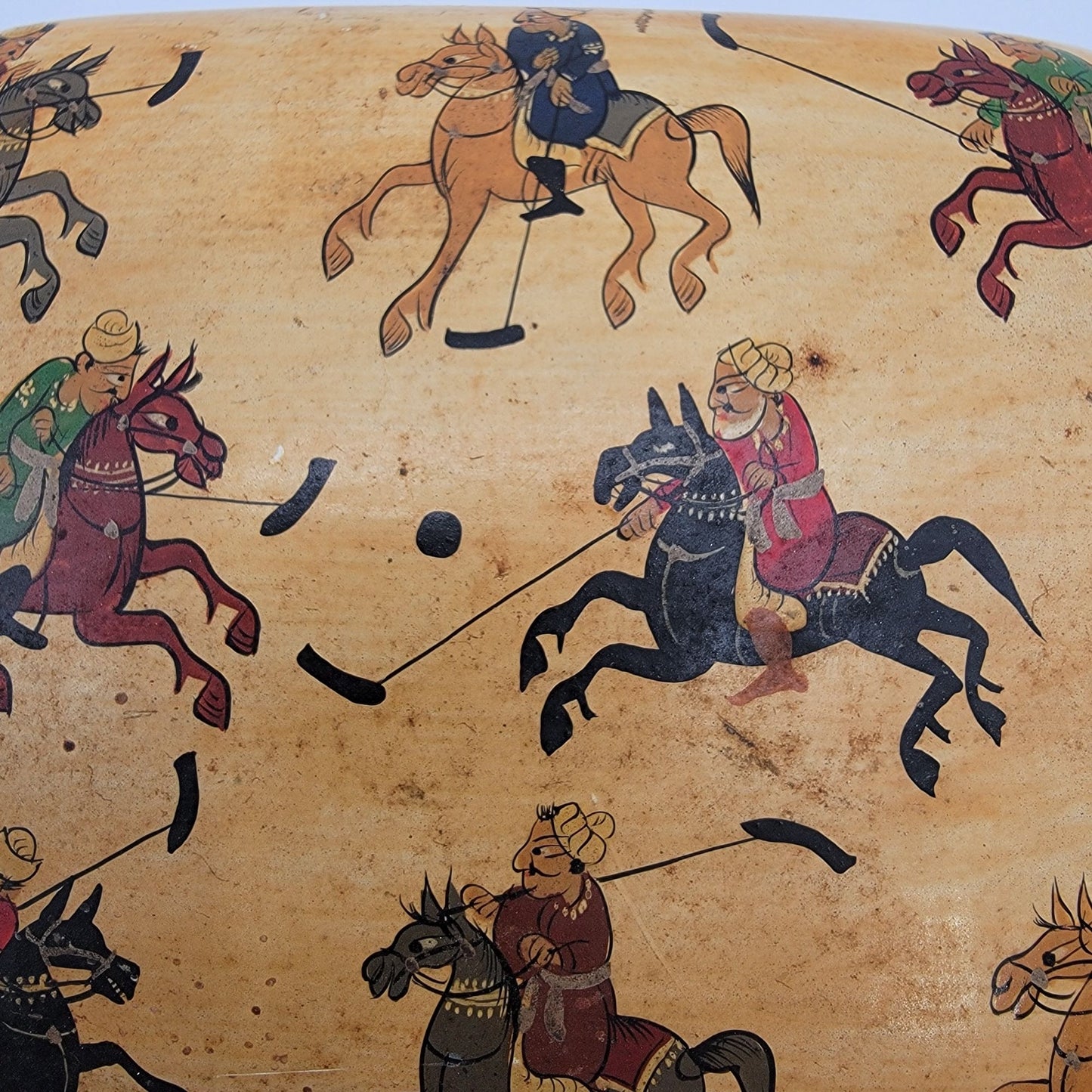 Vintage Kashmir India Paper Mache Trinket Box With Polo Scene