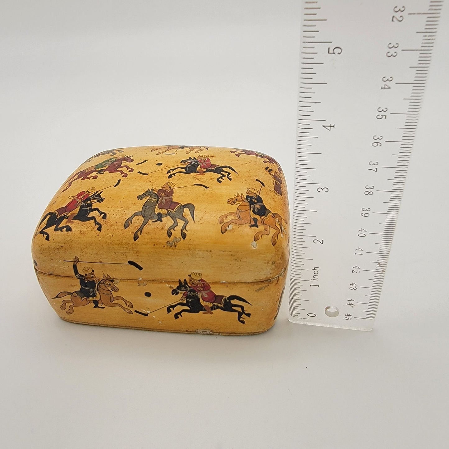 Vintage Kashmir India Paper Mache Trinket Box With Polo Scene