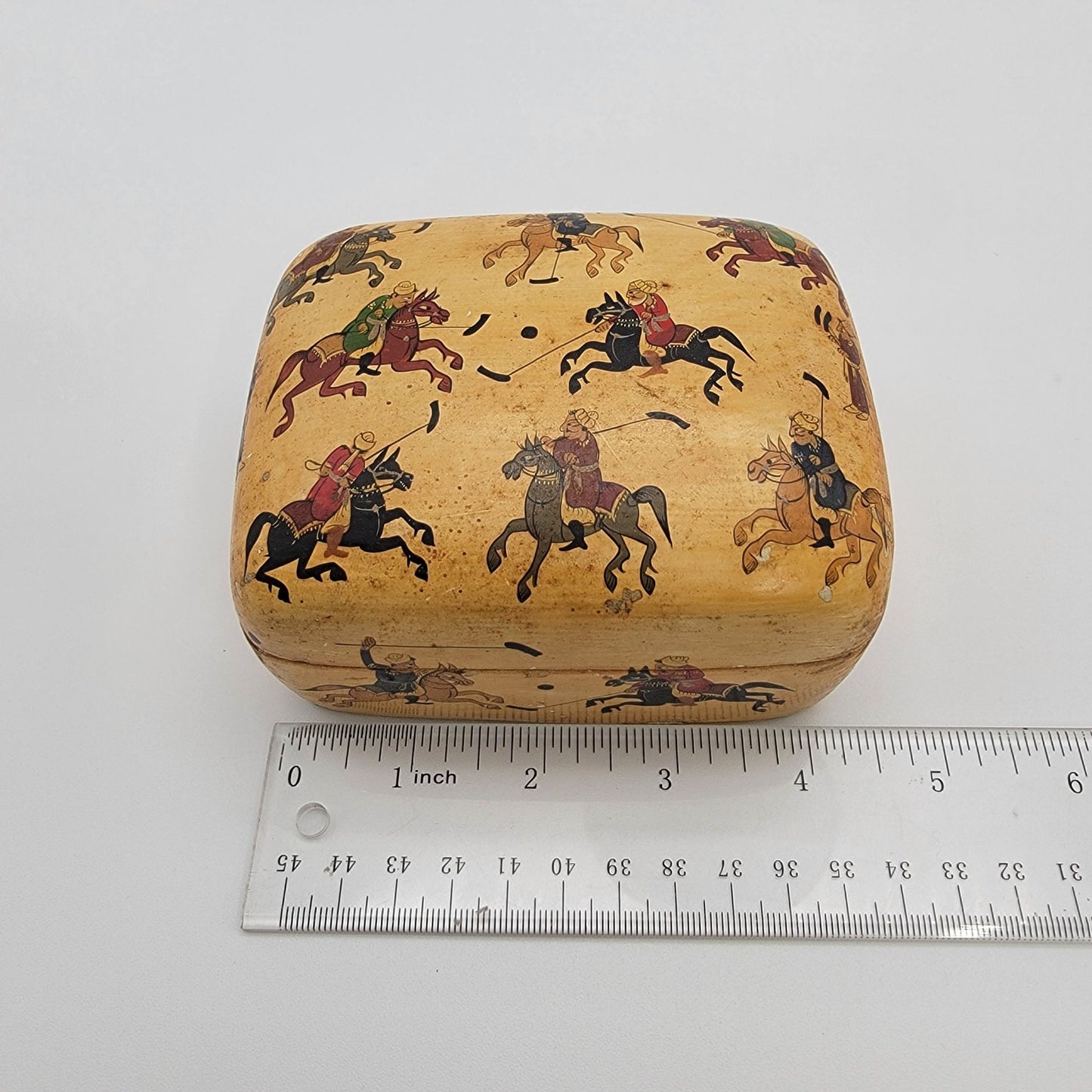 Vintage Kashmir India Paper Mache Trinket Box With Polo Scene