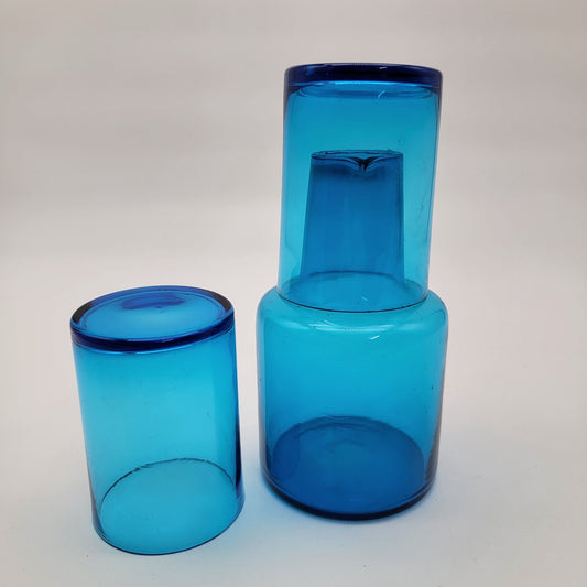 Vintage Blue Glass Tumble Up With 2 Glasses