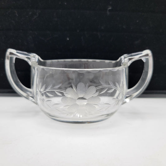 Antique 1920's Etched Glass Sugar Bowl With Handles