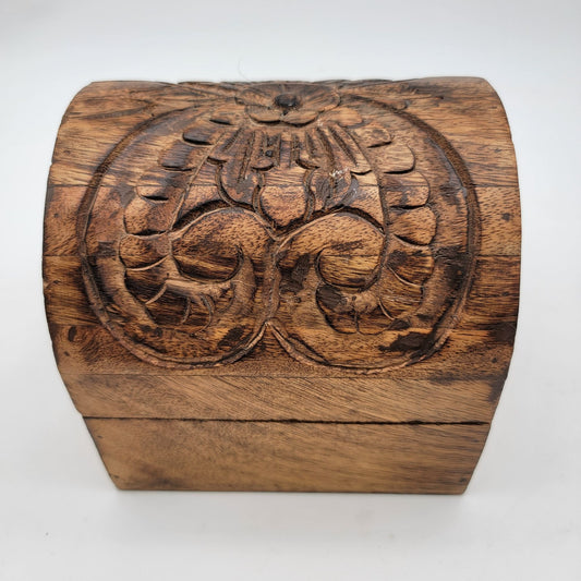 Vintage Hand-Carved Wooden Jewelry Box With Hinged Lid