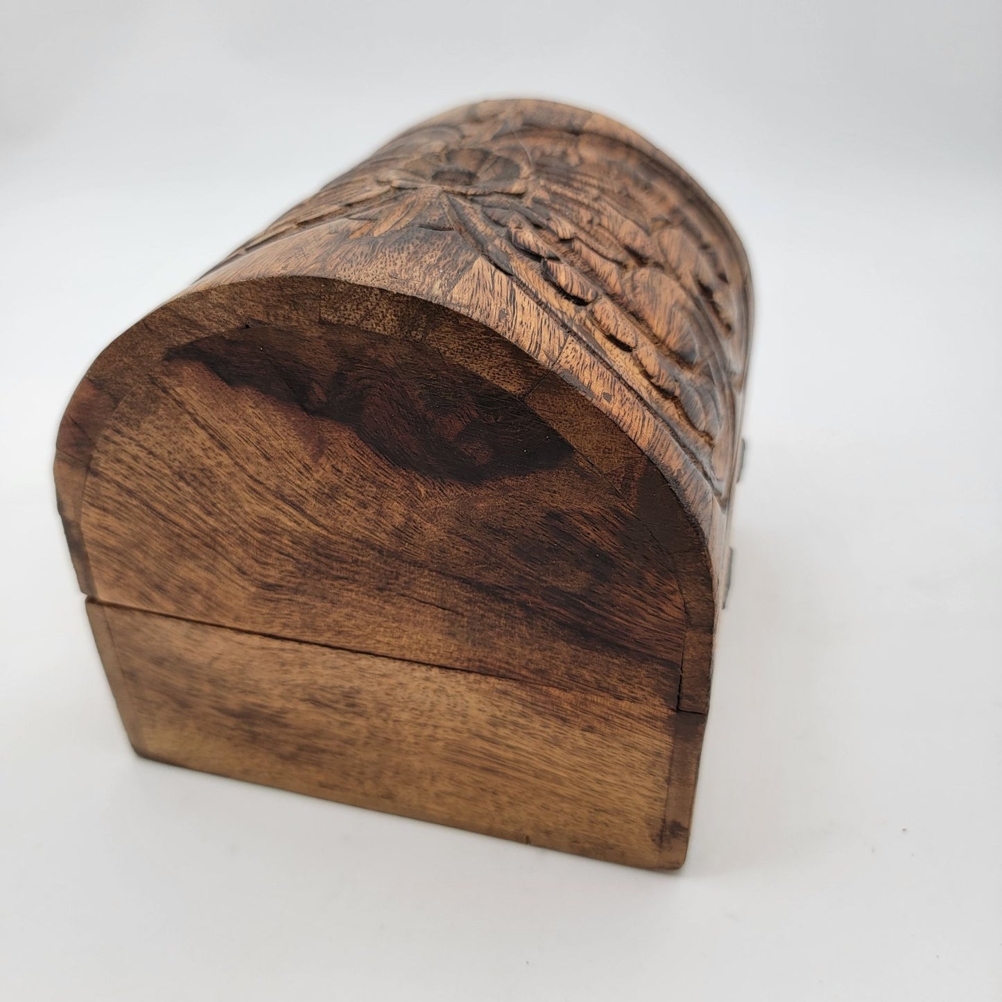 Vintage Hand-Carved Wooden Jewelry Box With Hinged Lid