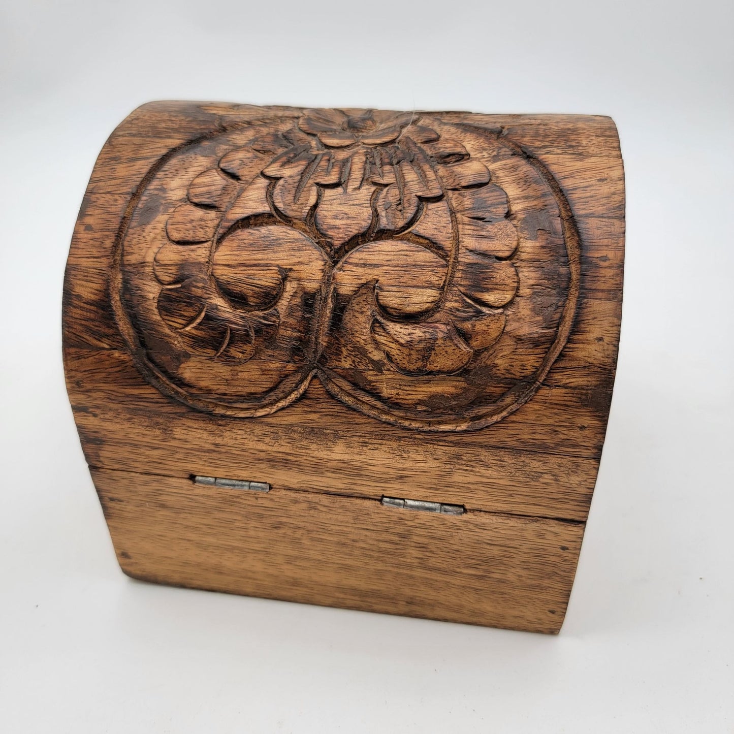 Vintage Hand-Carved Wooden Jewelry Box With Hinged Lid
