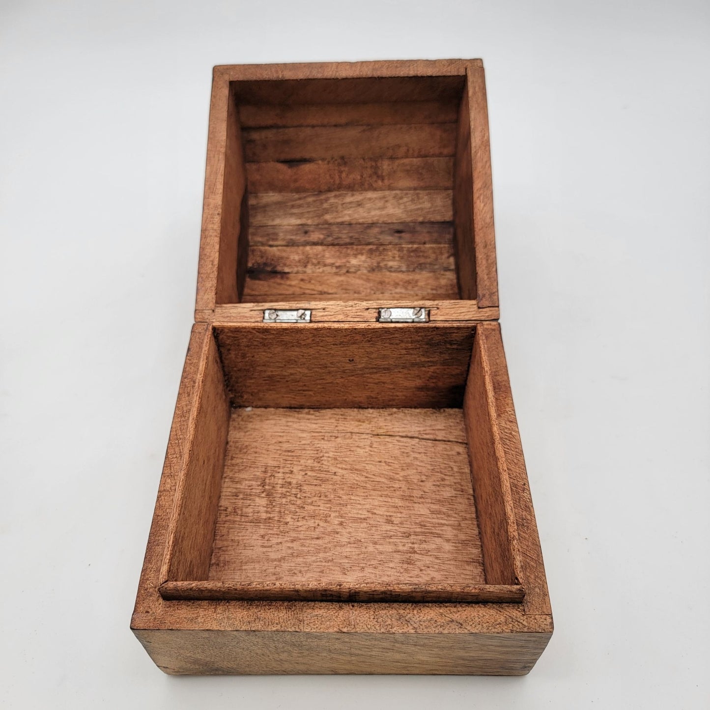 Vintage Hand-Carved Wooden Jewelry Box With Hinged Lid
