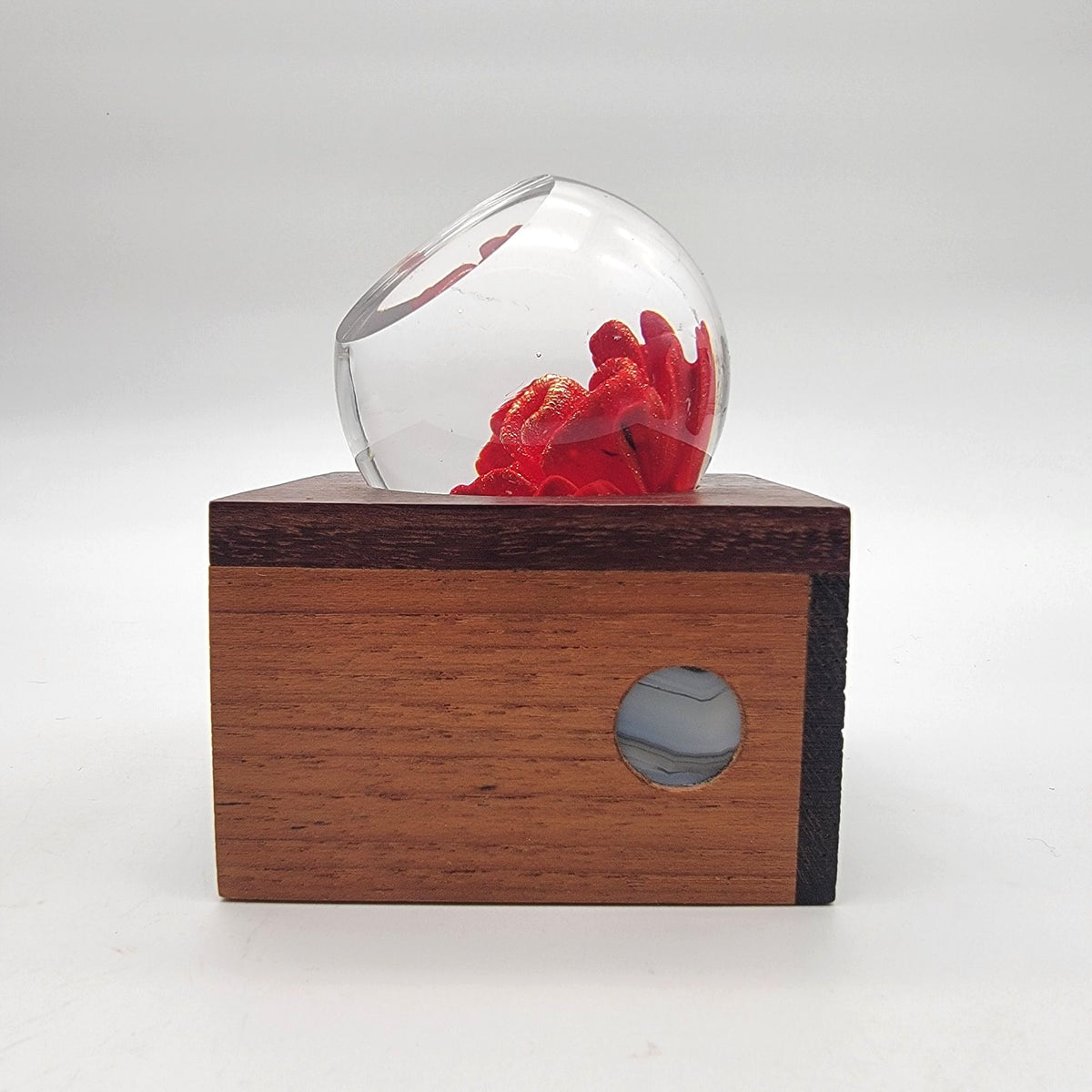 Vintage 1983 Red Flower Glass Paperweight With Wood Base Signed