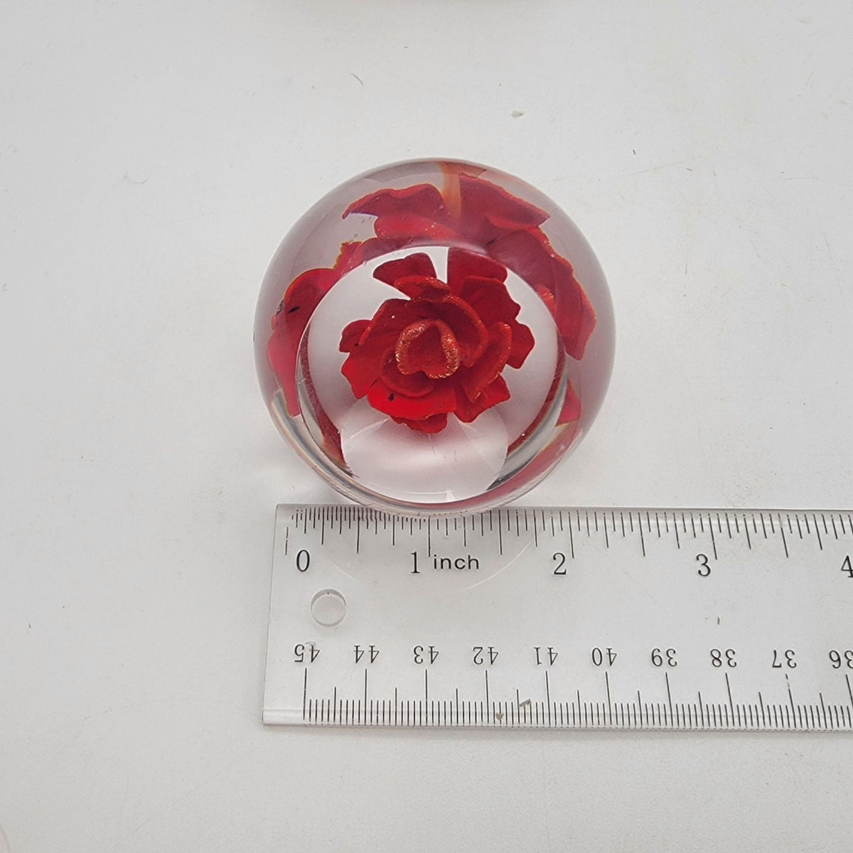 Vintage 1983 Red Flower Glass Paperweight With Wood Base Signed