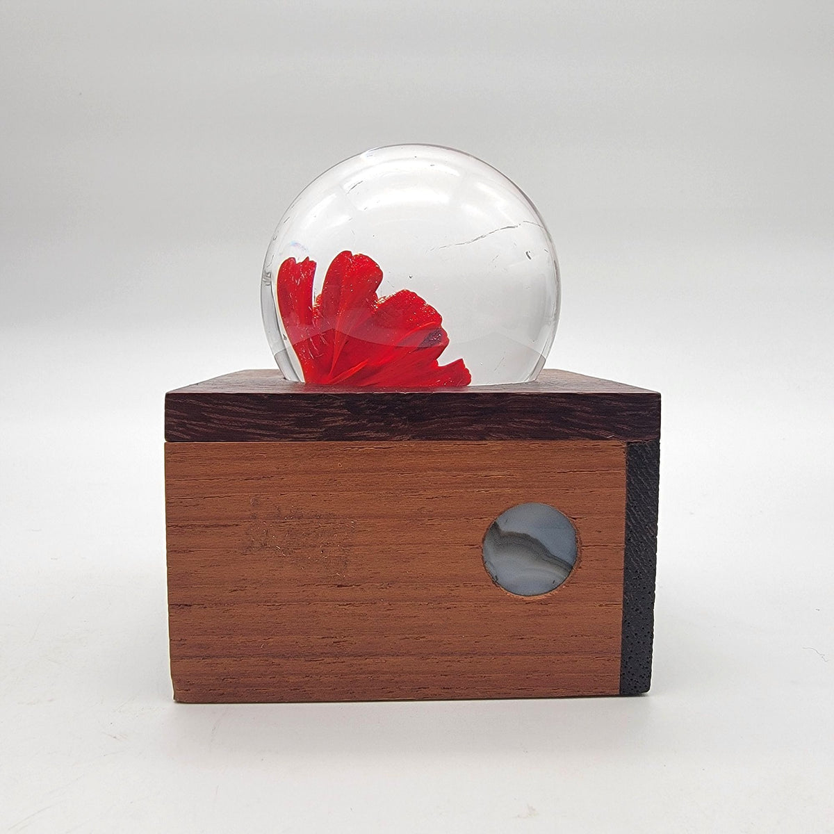 Vintage 1983 Red Flower Glass Paperweight With Wood Base Signed
