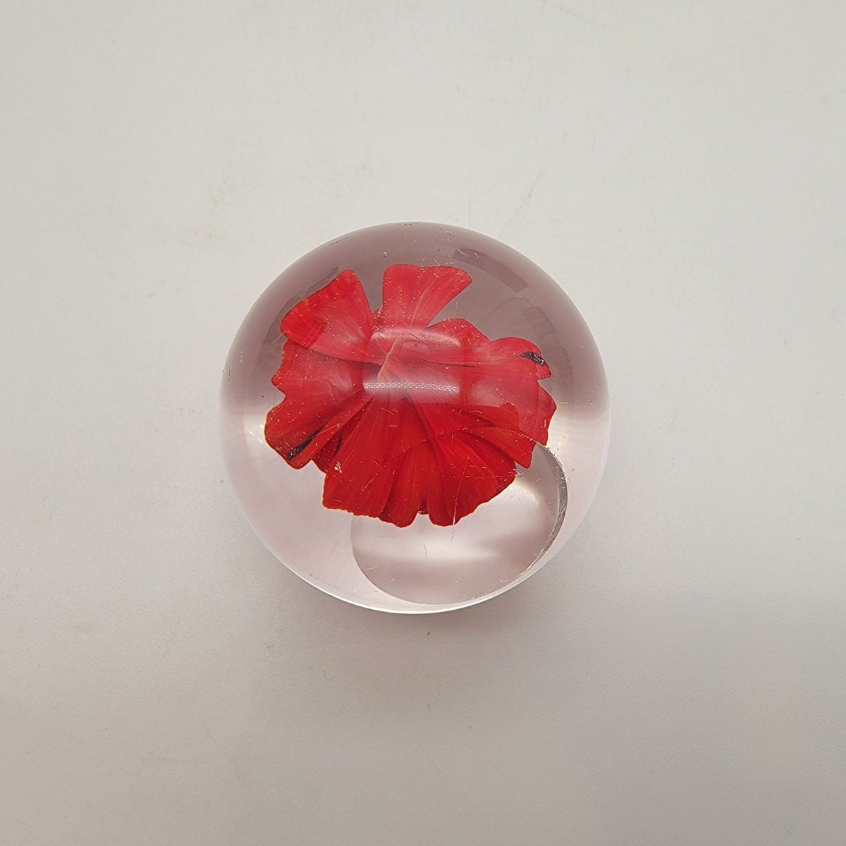 Vintage 1983 Red Flower Glass Paperweight With Wood Base Signed