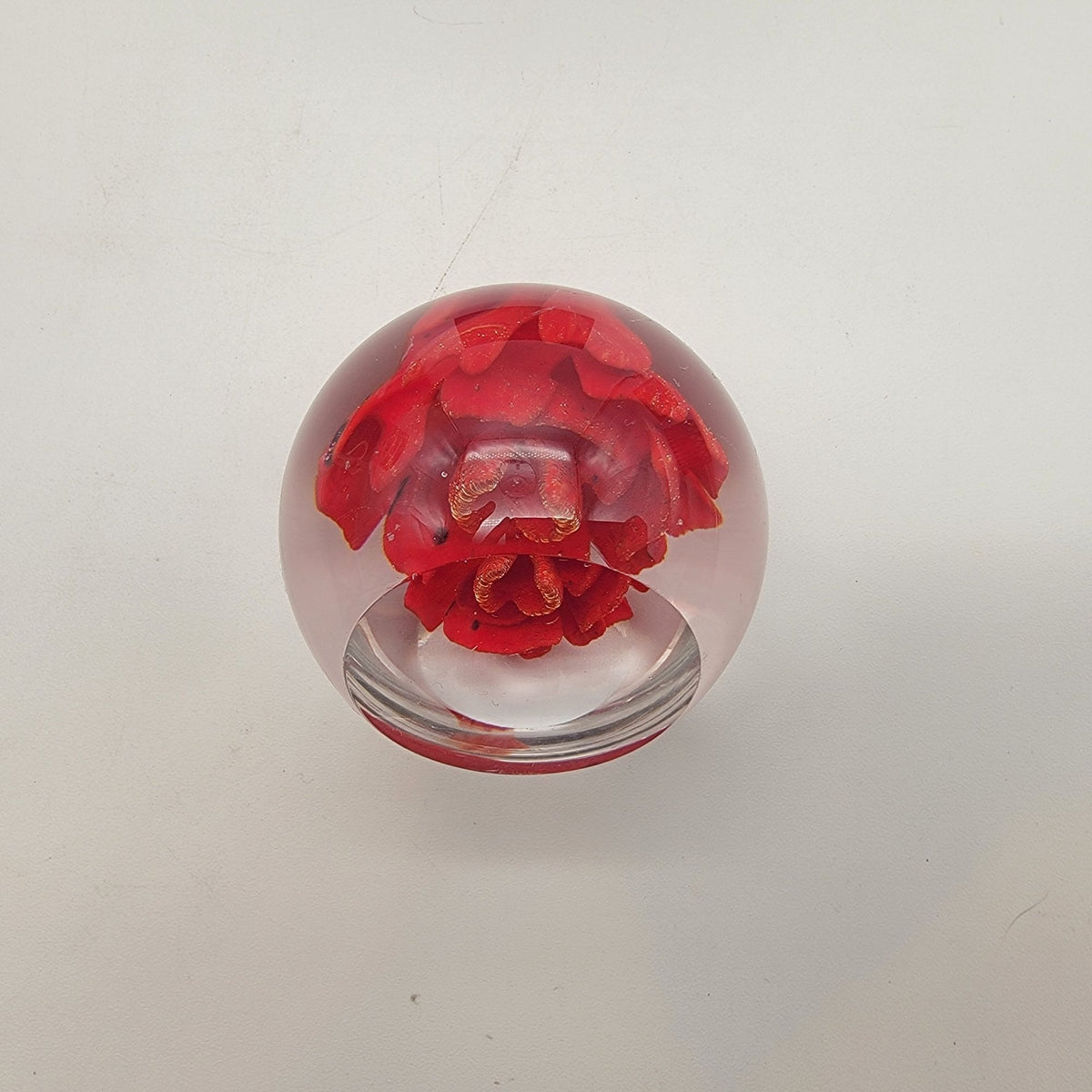 Vintage 1983 Red Flower Glass Paperweight With Wood Base Signed