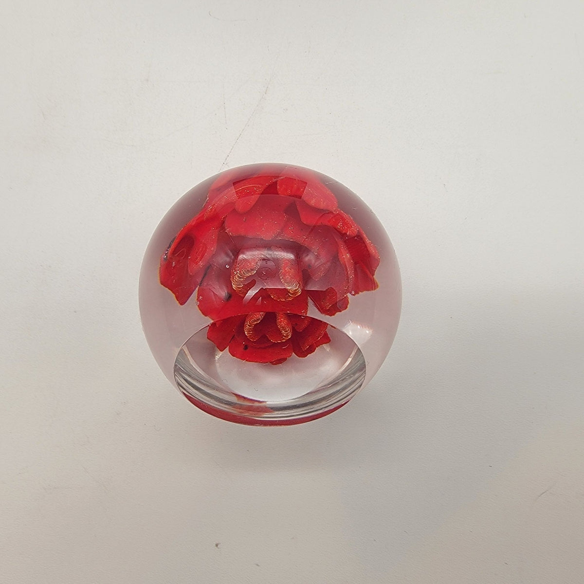 Vintage 1983 Red Flower Glass Paperweight With Wood Base Signed