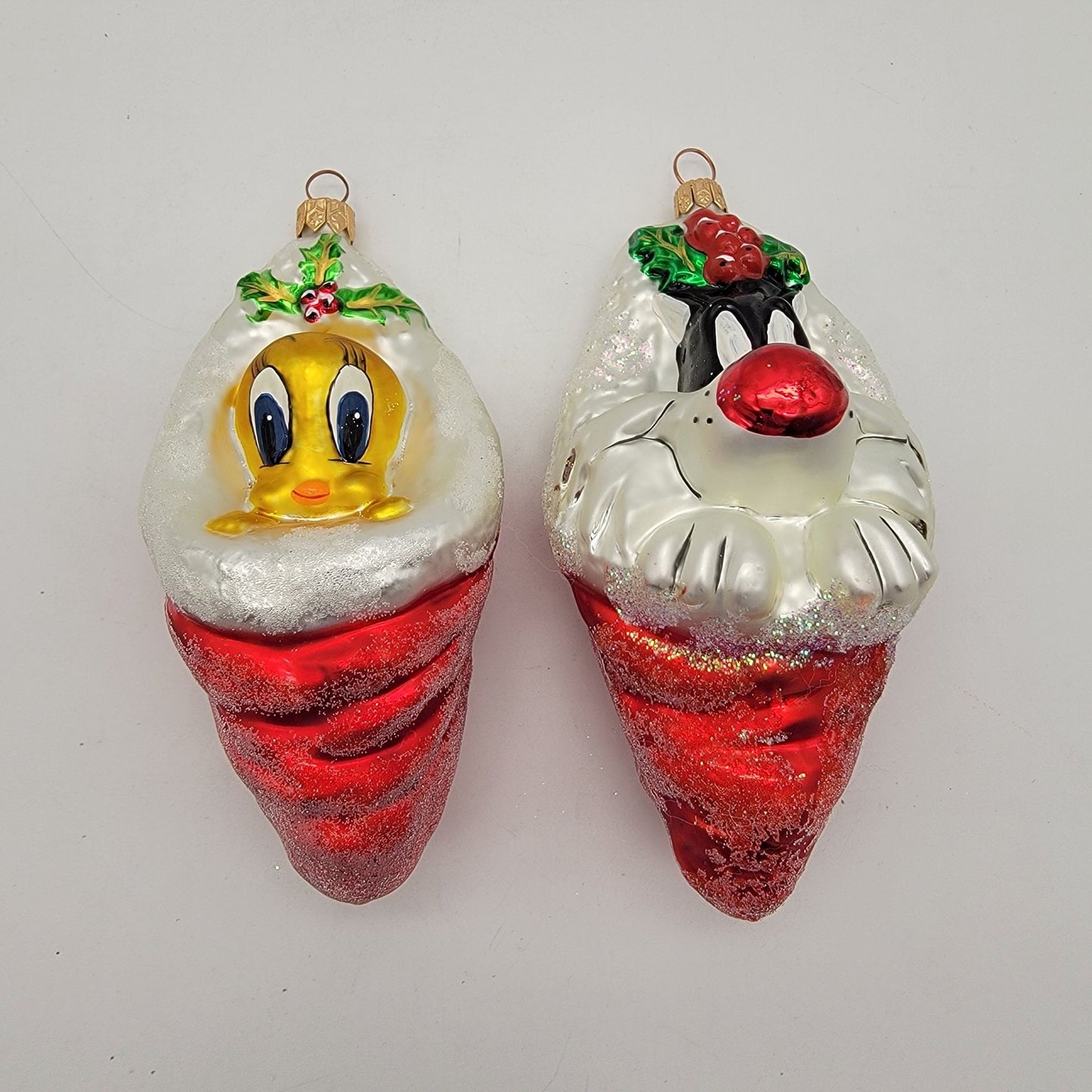 1997 Christopher Radko Tweety & Sylvester Glass Ornaments Warner Bros Studio Store