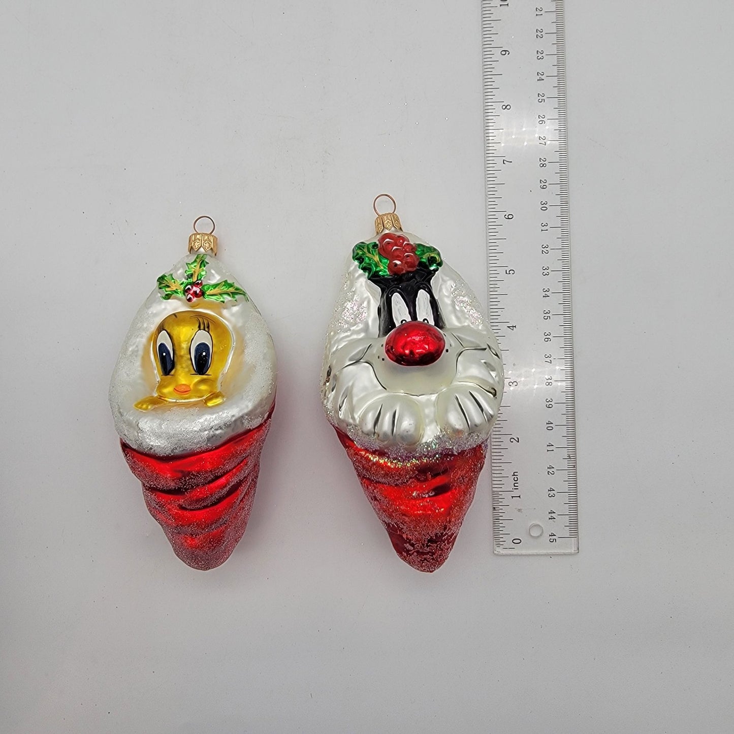 1997 Christopher Radko Tweety & Sylvester Glass Ornaments Warner Bros Studio Store