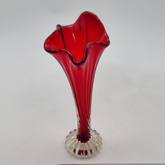 Vintage 1960's Czech Red Glass Fluted Twist Bud Vase