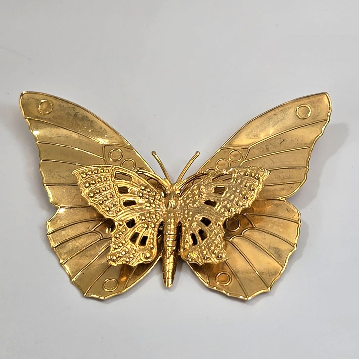 Vintage Hand-Stamped Gold-Tone 3D Butterfly Brooch