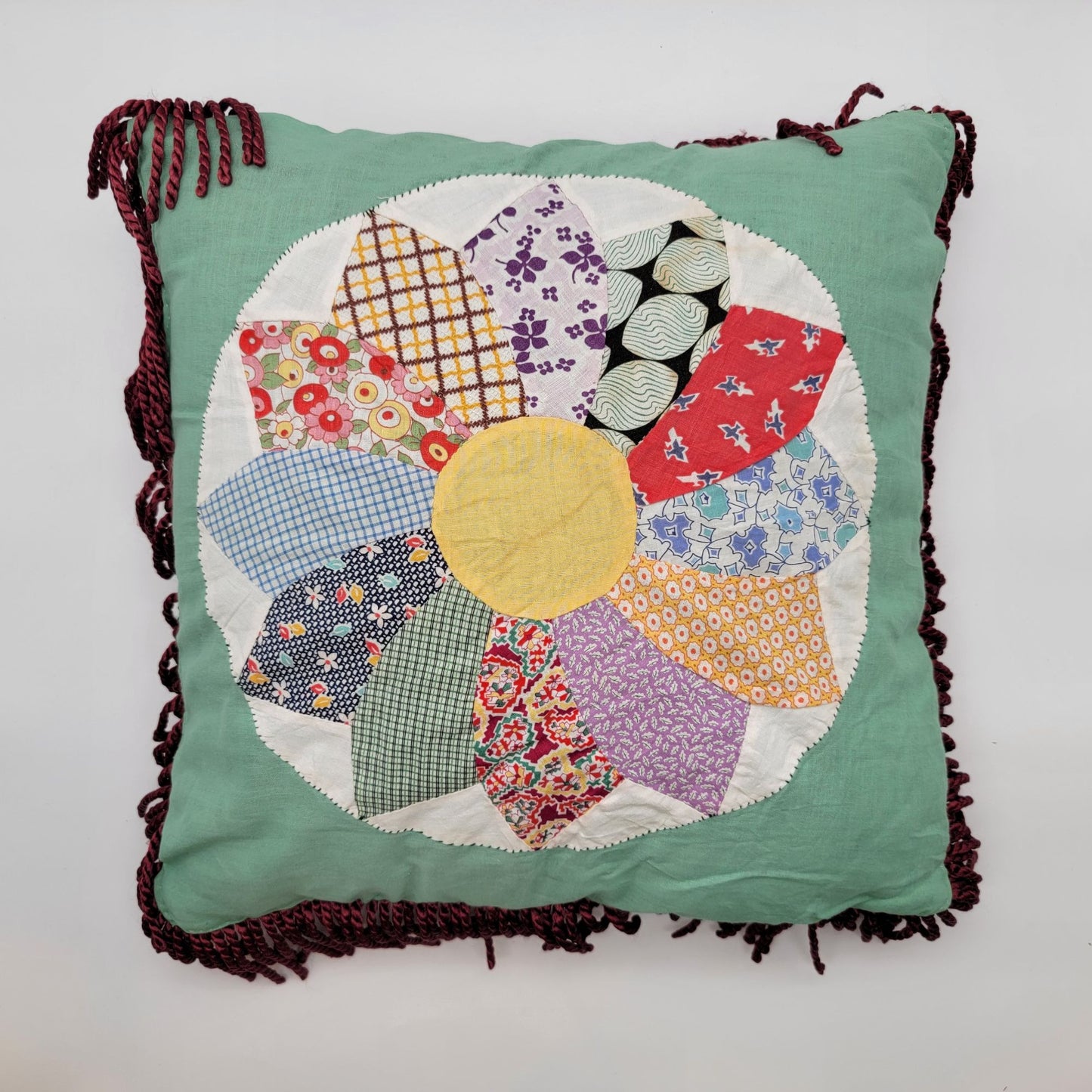 Vintage Quilted Patchwork Square Pillow Dresden Plate Pattern with Fringe