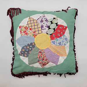 Vintage Quilted Patchwork Square Pillow Dresden Plate Pattern with Fringe