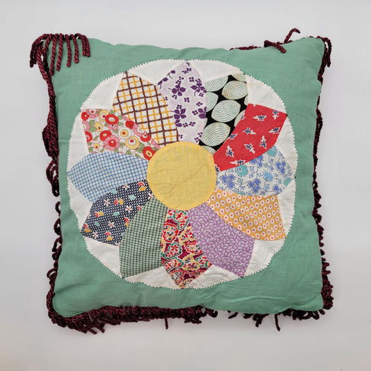 Vintage Quilted Patchwork Square Pillow Dresden Plate Pattern with Fringe