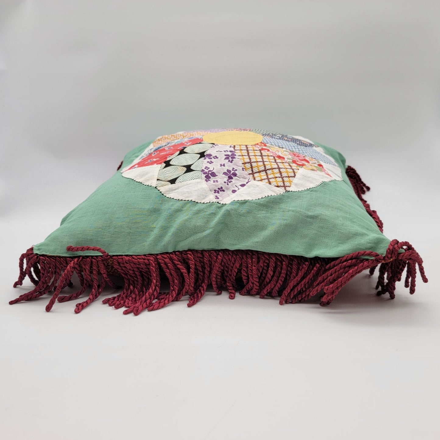 Vintage Quilted Patchwork Square Pillow Dresden Plate Pattern with Fringe