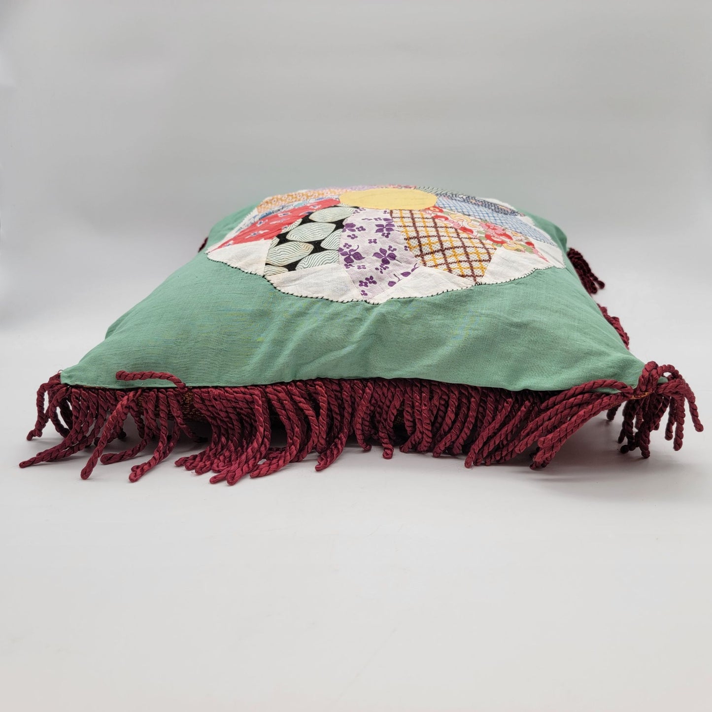Vintage Quilted Patchwork Square Pillow Dresden Plate Pattern with Fringe