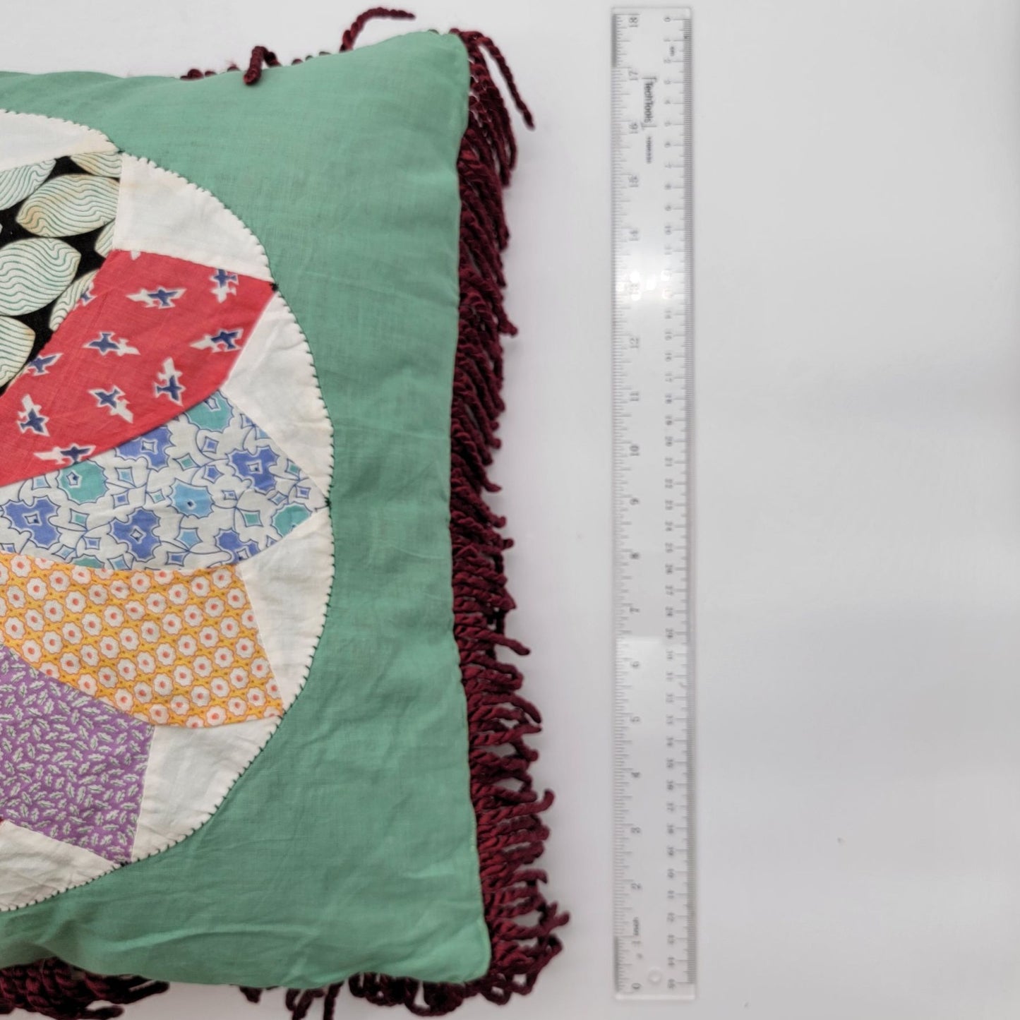 Vintage Quilted Patchwork Square Pillow Dresden Plate Pattern with Fringe