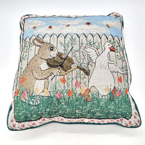 Rabbit & Goose Playing Violin Tapestry Throw Pillow 12"x12"