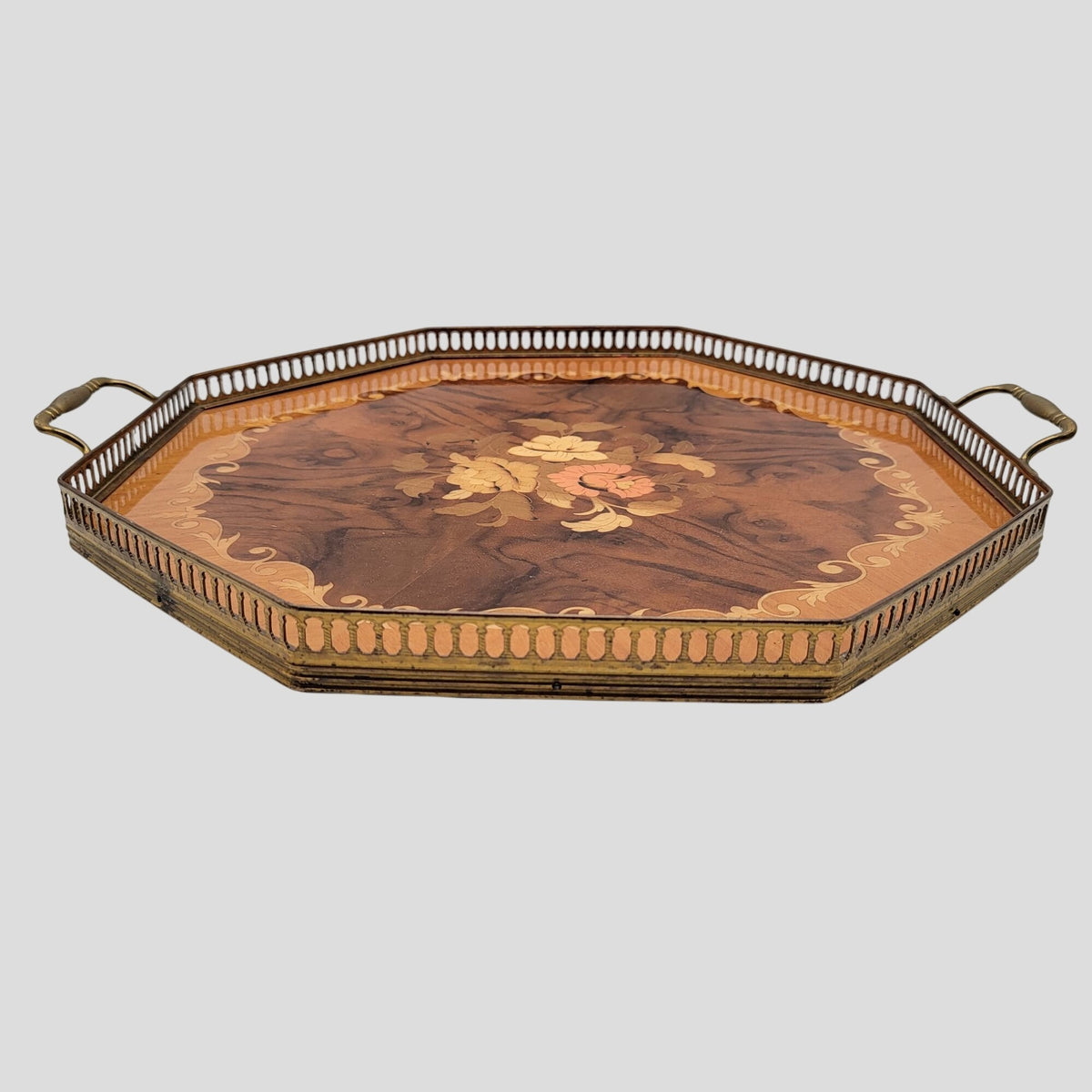 1960s Italian Sorrento Marquetry Wood Serving Tray With Brass Handles