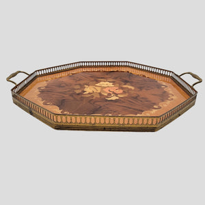 1960s Italian Sorrento Marquetry Wood Serving Tray With Brass Handles