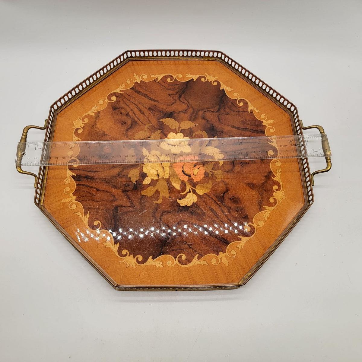1960s Italian Sorrento Marquetry Wood Serving Tray With Brass Handles