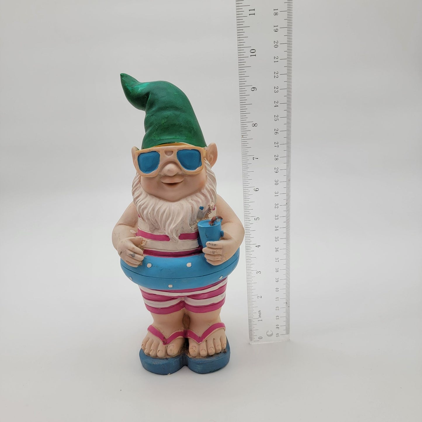 Garden Gnome Statue with Innertube Swim Float and Flip Flops