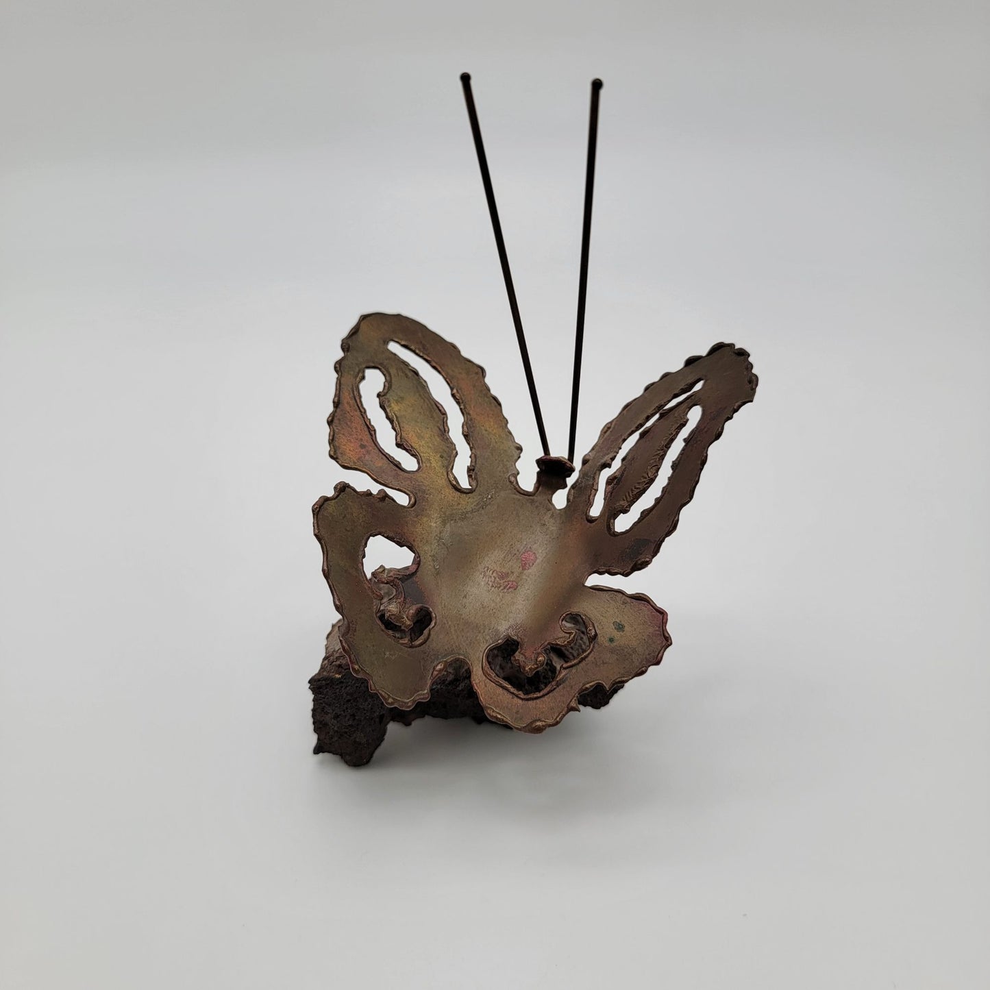 Mid Century Brutalist Copper Butterfly Sculpture On Lava Rock Base