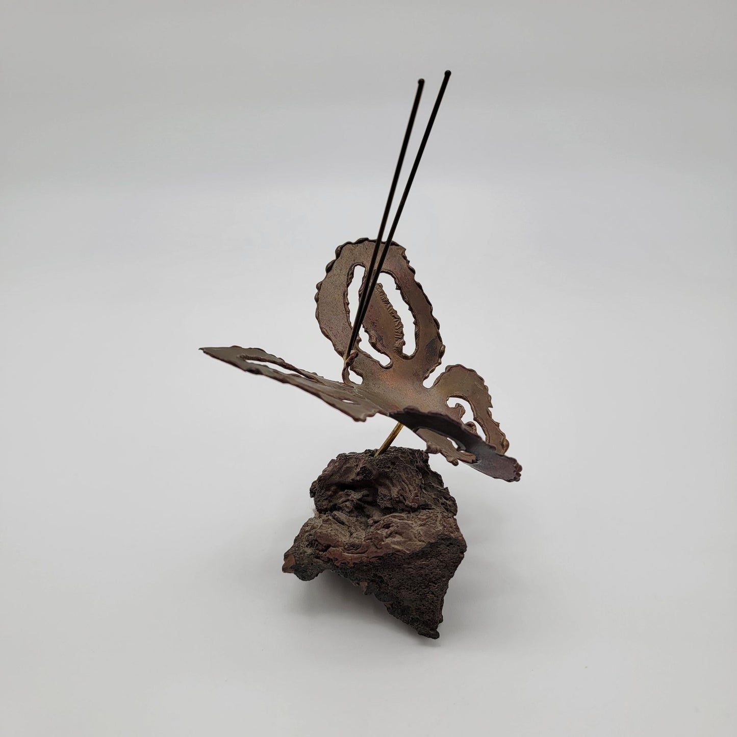 Mid Century Brutalist Copper Butterfly Sculpture On Lava Rock Base