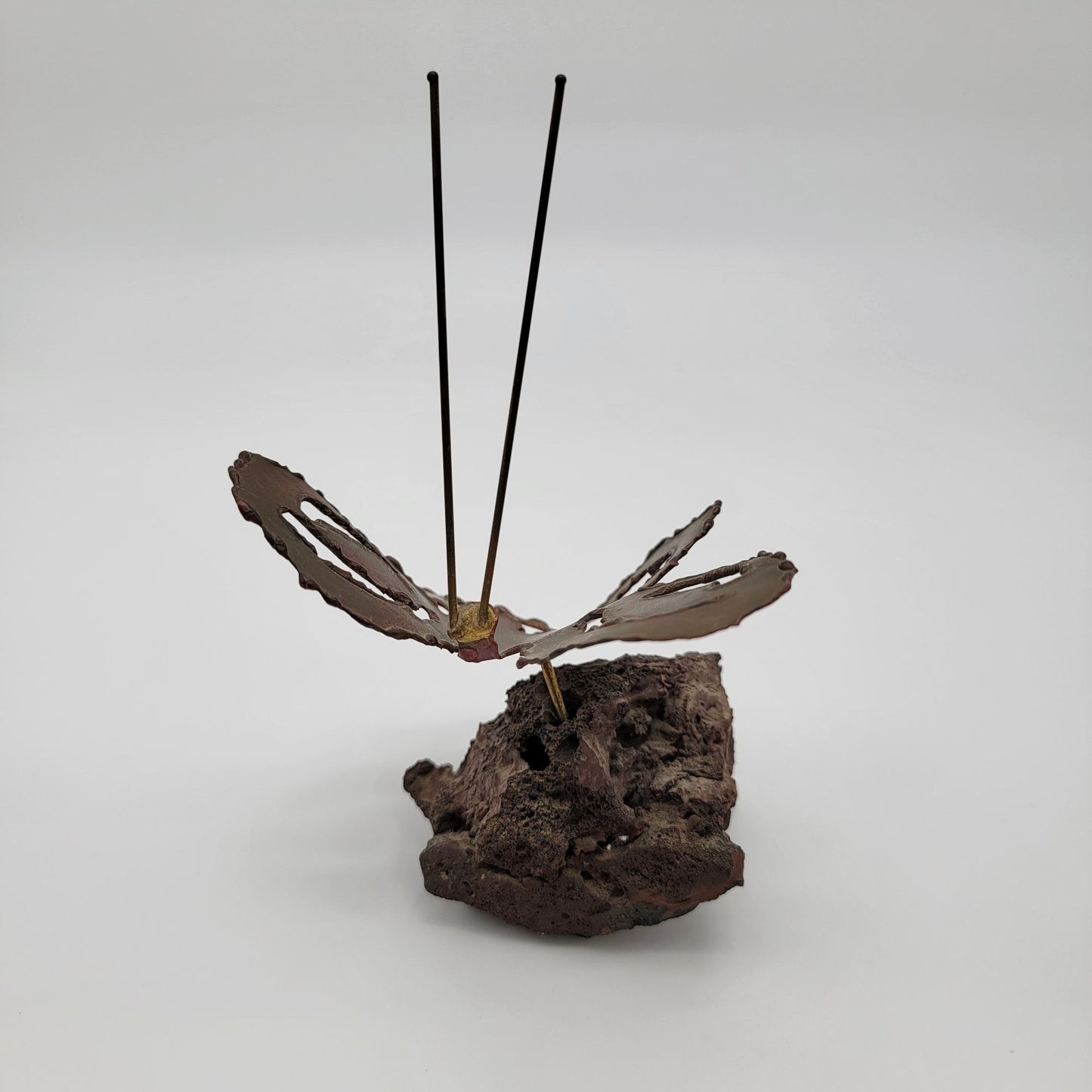 Mid Century Brutalist Copper Butterfly Sculpture On Lava Rock Base