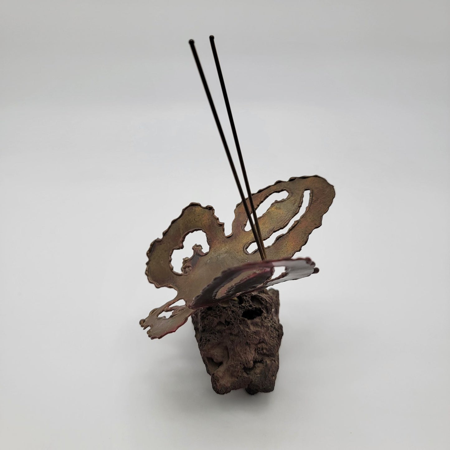 Mid Century Brutalist Copper Butterfly Sculpture On Lava Rock Base