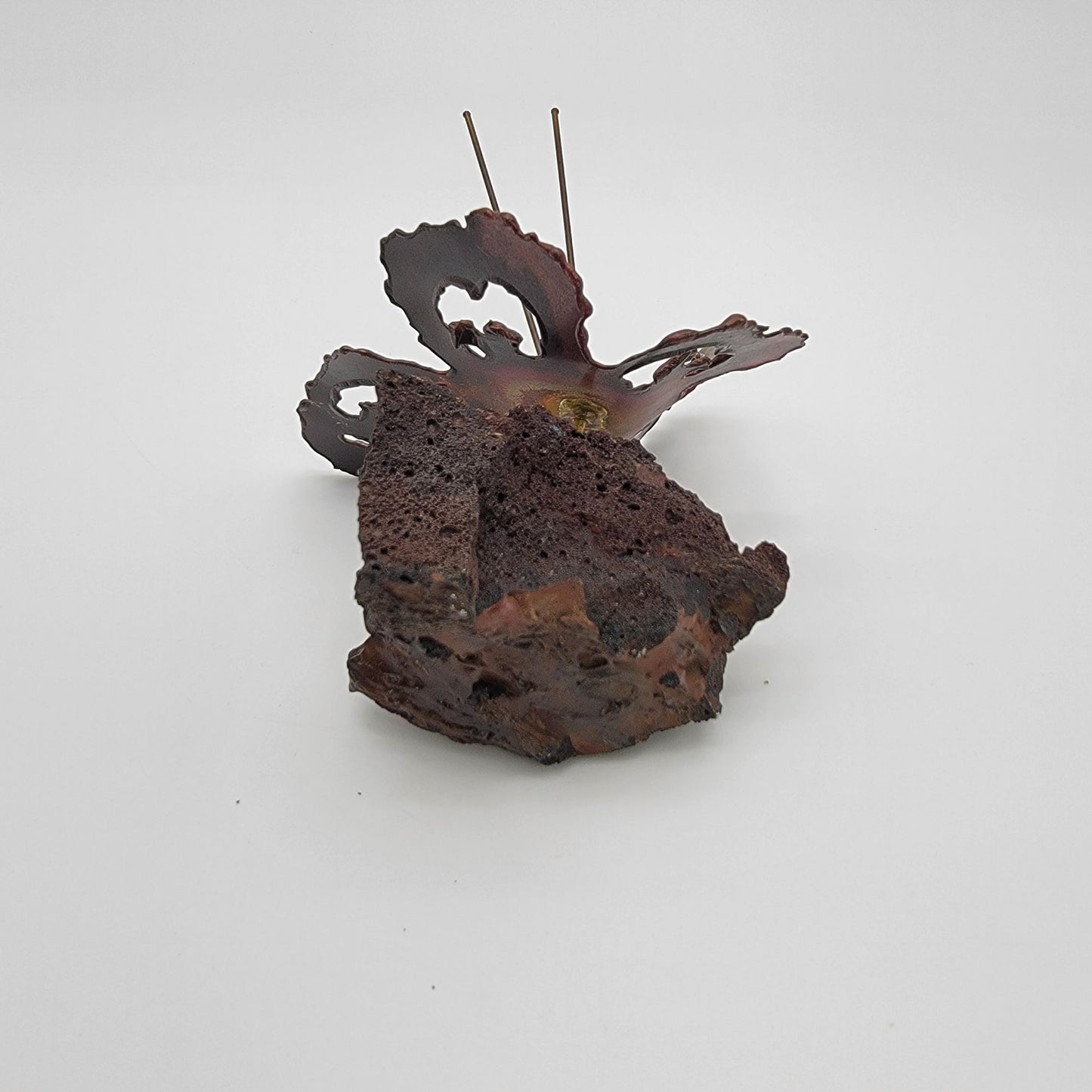 Mid Century Brutalist Copper Butterfly Sculpture On Lava Rock Base