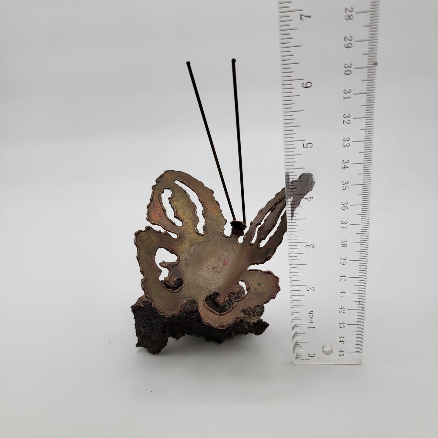 Mid Century Brutalist Copper Butterfly Sculpture On Lava Rock Base