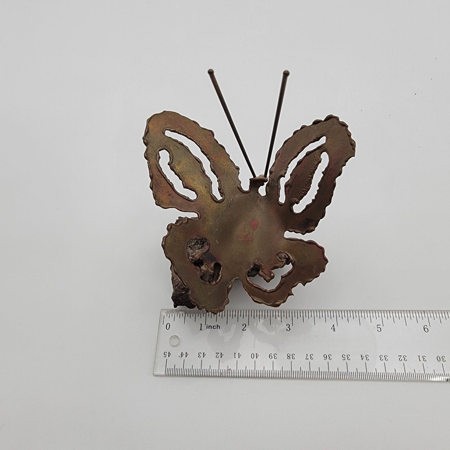 Mid Century Brutalist Copper Butterfly Sculpture On Lava Rock Base