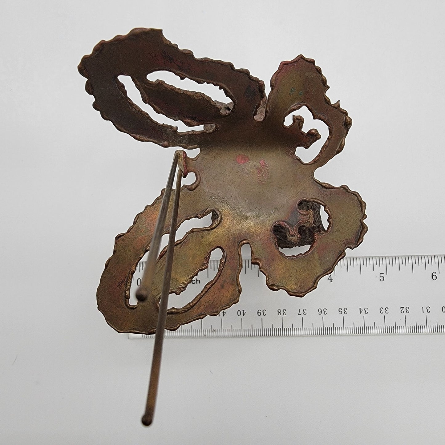 Mid Century Brutalist Copper Butterfly Sculpture On Lava Rock Base