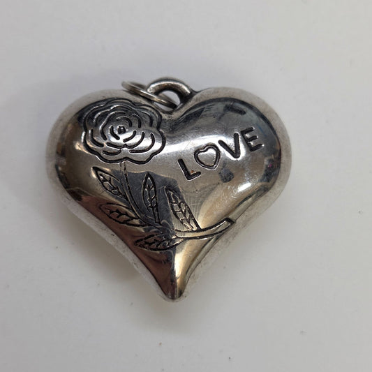 Vintage Love Puffy Heart Pendant Rose & Leaf Engraving