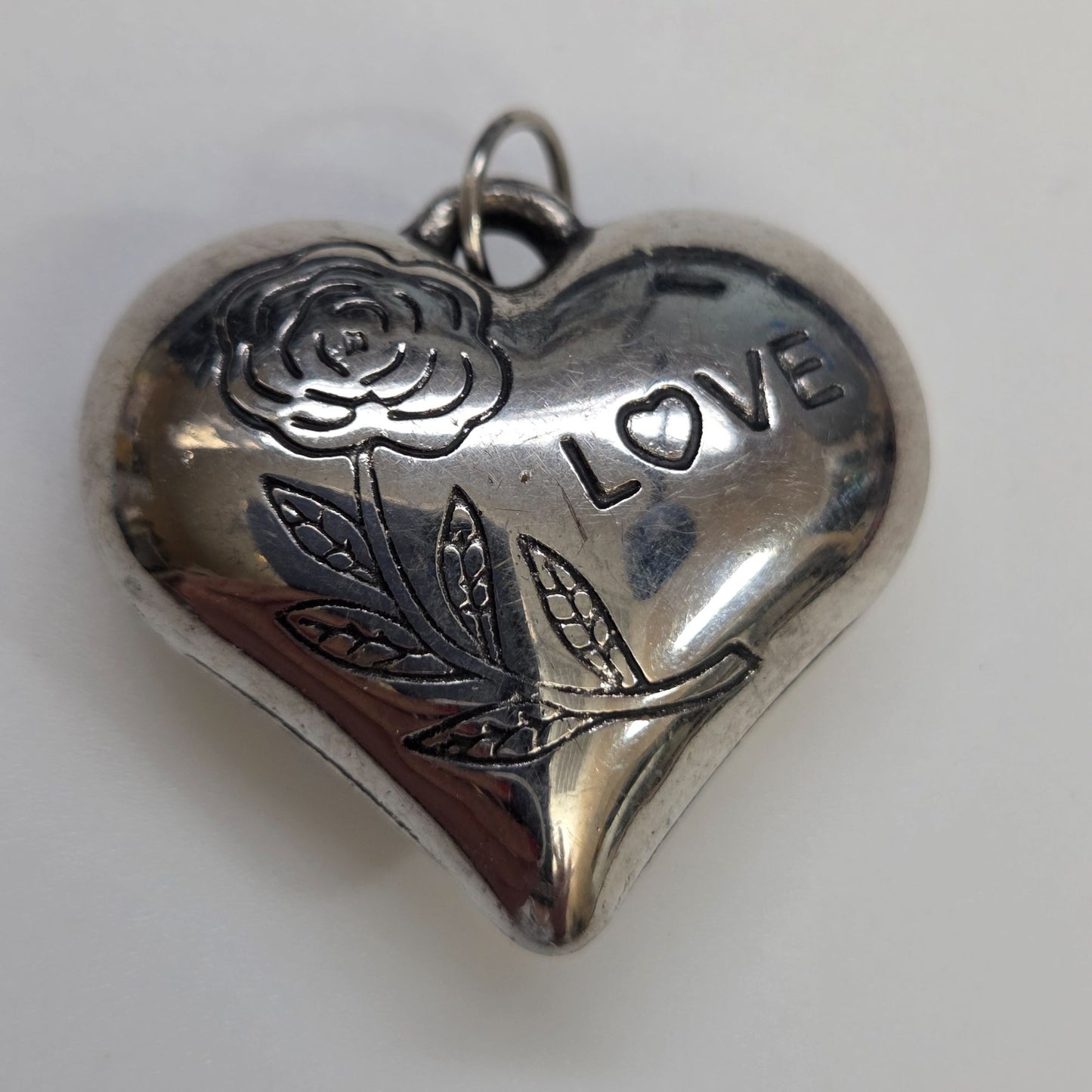 Vintage Love Puffy Heart Pendant Rose & Leaf Engraving