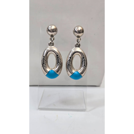 Taxco Mexico TC-271 925 Silver & Sleeping Beauty Turquoise Oval Dangle Earrings